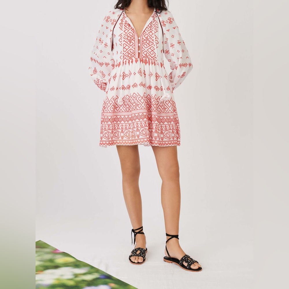 Maje Ibiza Collection Rolipa Embroidered Bohemian Babydoll Red & White Dress NWT